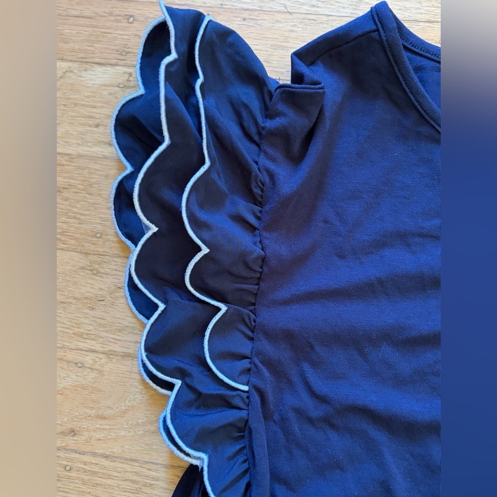 Nanette Lepore scallop trim ruffle sleeve cotton and modal tee shirt navy blue - Picture 2 of 6